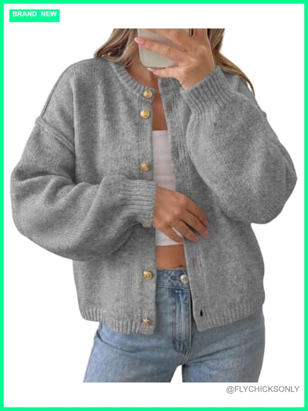 Chunky Knit Button Up Cardigan Crew Neck Lantern Sleeve